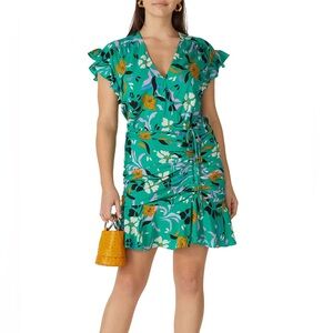 Veronica Beard Green Printed Maria Dress Teal Pink Purple Floral Ruched 14